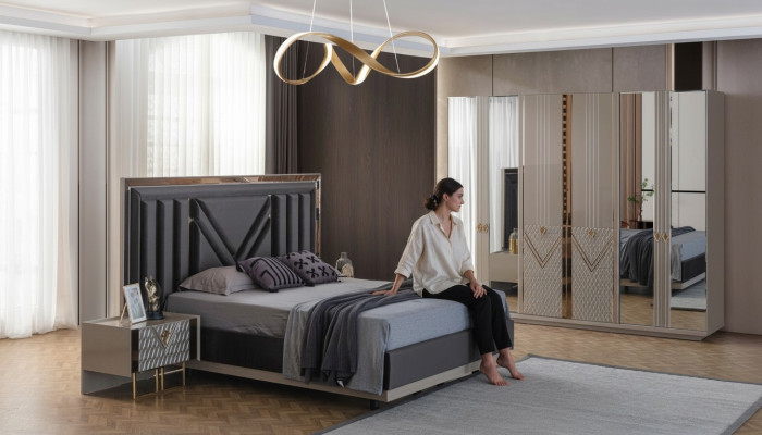 Graue Schlafzimmer Möbel Doppelbett Kleiderschrank Nachttische 4tlg Set