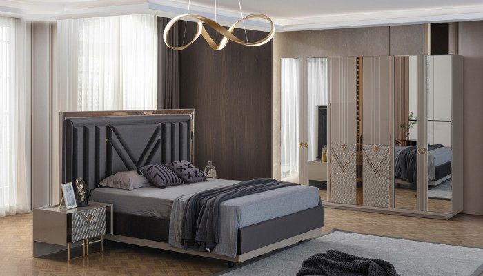 Graue Schlafzimmer Möbel Doppelbett Kleiderschrank Nachttische 4tlg Set