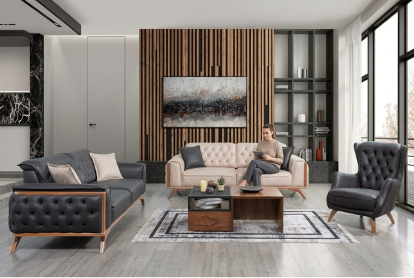 Stilvolle Schwarz-Beige Wohnzimmer Sofagarnitur 3+3+1 Sitzer 3tlg Set
