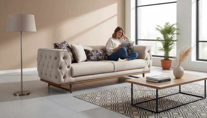 Hellbeiger Chesterfield Dreisitzer Luxuriöser 3-Sitzer Edle Polster Sofas