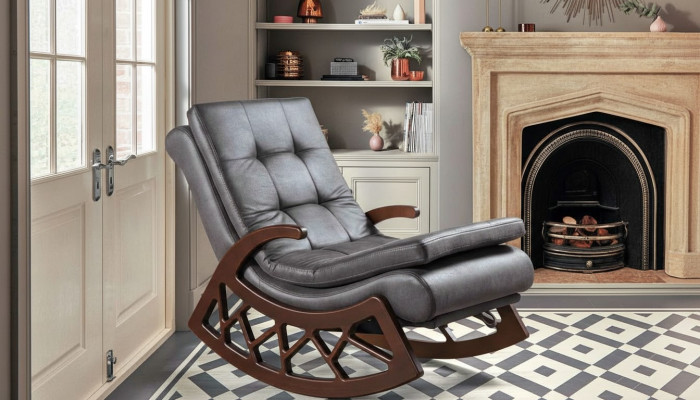 Exklusiver Grauer Schaukelstuhl Wohnzimmer Relax Möbel Holzgestell Neu