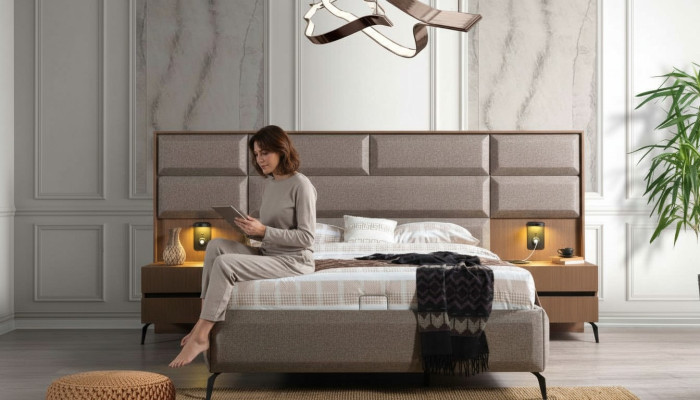 Exklusives Graues Schlafzimmer Doppelbett mit 2x Nachttischen 3tlg Set