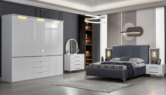 Weiße Schlafzimmer Möbel Textilbett Großer Kleiderschrank Nachttische