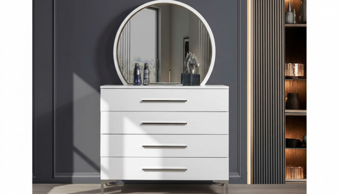 Viertürige Weiße Schlafzimmer Kommode Designer Glas Rundspiegel 2tlg Set