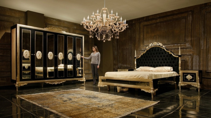 Schwarze Schlafzimmergarnitur Luxus Bett 2x Nachttische Kommode Schrank