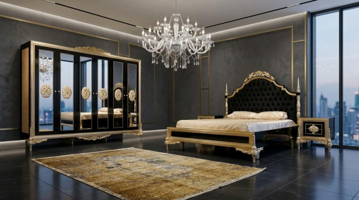 Schwarze Schlafzimmergarnitur Luxus Bett 2x Nachttische Kommode Schrank