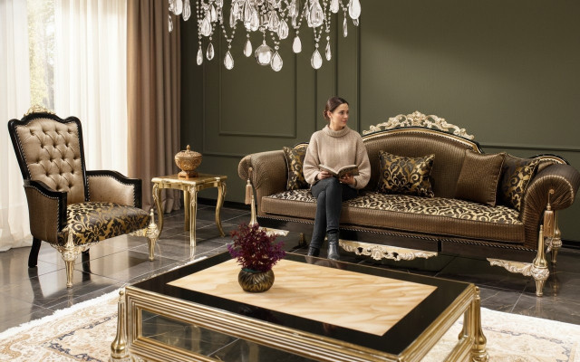 Braune Chesterfield Wohnzimmer Sofas 3-Sitzer Textilsessel Couchtisch