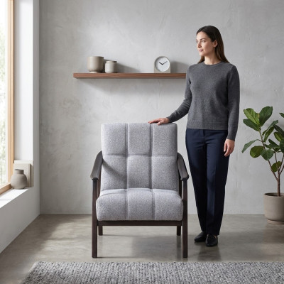 Designer Grauer Sessel Wohnzimmer Sitzmöbel Luxuriöses Holzgestell Neu