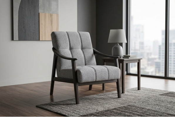 Designer Grauer Sessel Wohnzimmer Sitzmöbel Luxuriöses Holzgestell Neu