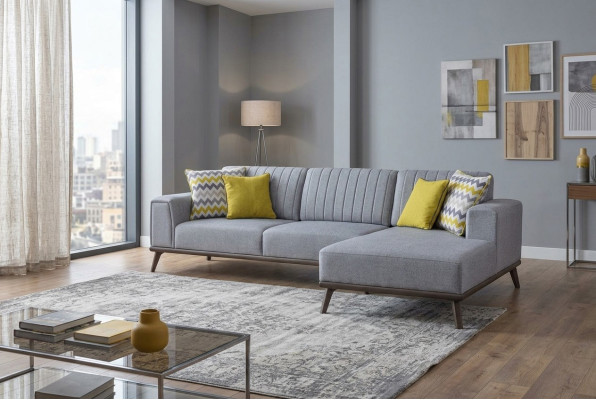 Graues L-Form Ecksofa Wohnzimmer Wohnlandschaft Polster Sofas Couchen