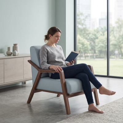 Blauer Exklusiver Sessel Wohnzimmer Armlehnen Einsitzer Holzgestell Neu