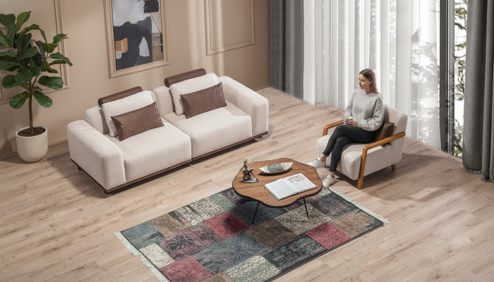 Beiges Wohnzimmer Sofaset Exklusiver 2-Sitzer Textilsessel Polster Möbel