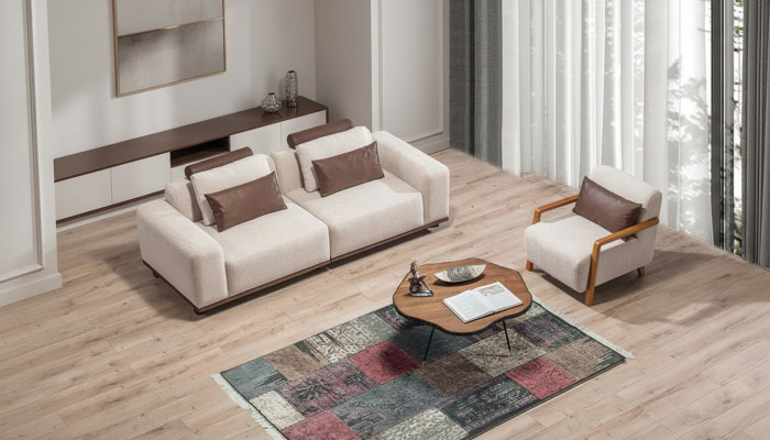 Beiges Wohnzimmer Sofaset Exklusiver 2-Sitzer Textilsessel Polster Möbel