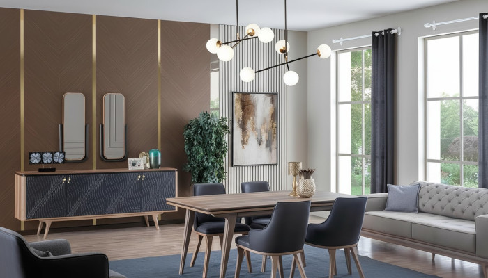 Luxus Esszimmer Set Esstisch + 4x Stühle + Anrichte mit 2x Spiegel Neu
