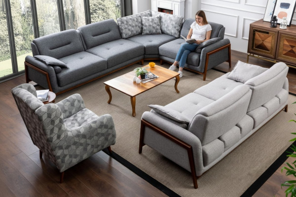 Wohnzimmer Set Ecksofa L-Form Couch Grau Polster 3 +1 Sitzer Textil
