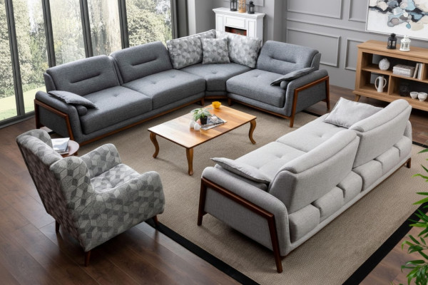Wohnzimmer Set Ecksofa L-Form Couch Grau Polster 3 +1 Sitzer Textil