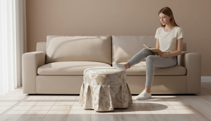 Grauer Luxus Fußhocker Rund Polstermöbel Textil Sitzhocker Ottomane