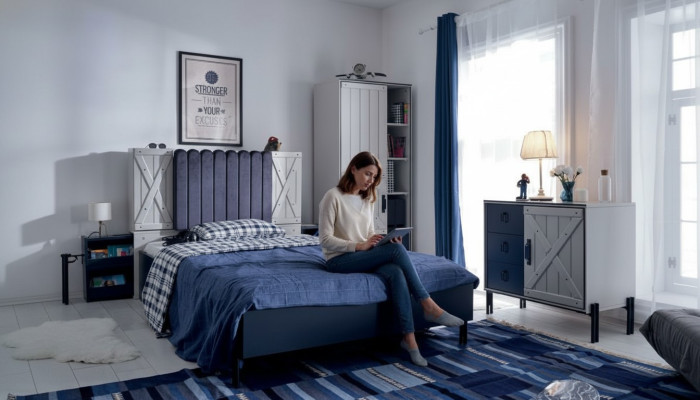 Luxus Modern Blau Schlafzimmer Set Bett Kommode Bücherregal Holz Neu 3tlg