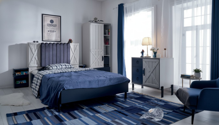 Luxus Modern Blau Schlafzimmer Set Bett Kommode Bücherregal Holz Neu 3tlg
