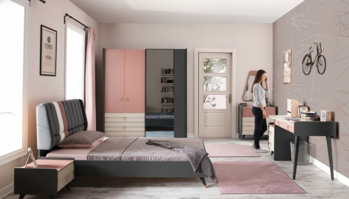 Schlafzimmer 6tlg Bett Nachttisch Kleiderschrank Kommode Spiegel Schreibtisch