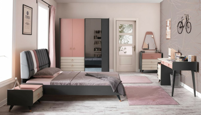 Schlafzimmer 6tlg Bett Nachttisch Kleiderschrank Kommode Spiegel Schreibtisch