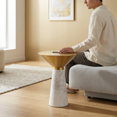 Moderner Runder Beistelltisch Kaffetisch Goldener Couchtisch Marmor