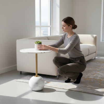 Weißer Beistelltisch Stilvoller Runder Wohnzimmer Couchtisch Marmor Möbel