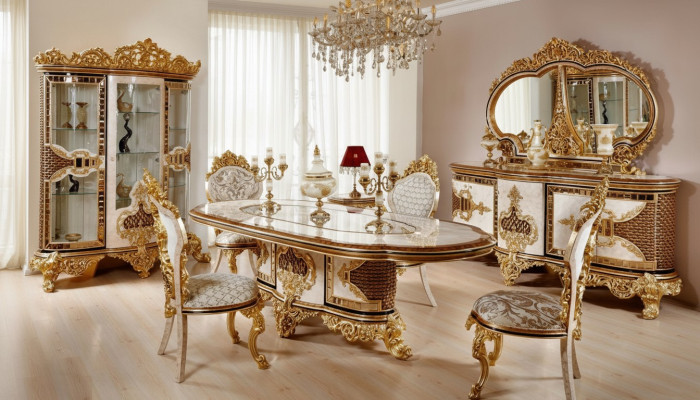Luxus Weiße Klassisches Esszimmer Garnitur Esstisch 6x Stühle Kommode