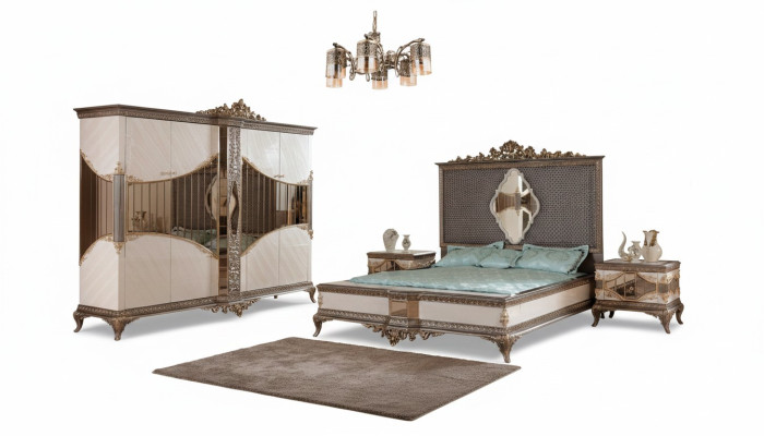 Weiß-Goldene Schlafzimmer Garnitur Doppelbett 2x Nachttische Schrank Set Bett