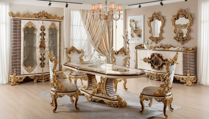 Goldene Klassische Esszimmer Garnitur Esstisch 6x Stühle Kommode Spiegel