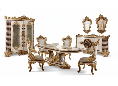 Goldene Klassische Esszimmer Garnitur Esstisch 6x Stühle Kommode Spiegel