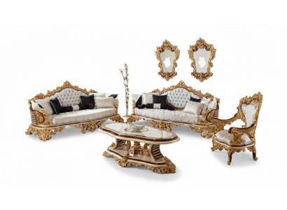 Weiß-Goldene Chesterfield Sofagarnitur 3+3+1 Sitzer Couch Sessel 3tlg