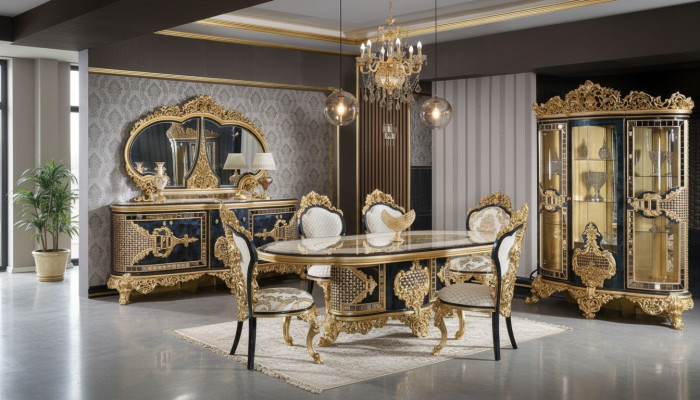 Stilvolle Klassische Esszimmer Garnitur Esstisch Kommode Spiegel Stühle