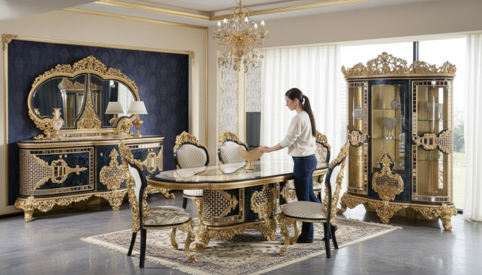 Stilvoller Schwarz-Goldener Esszimmer Set Luxus Garnitur Kommode Esstisch