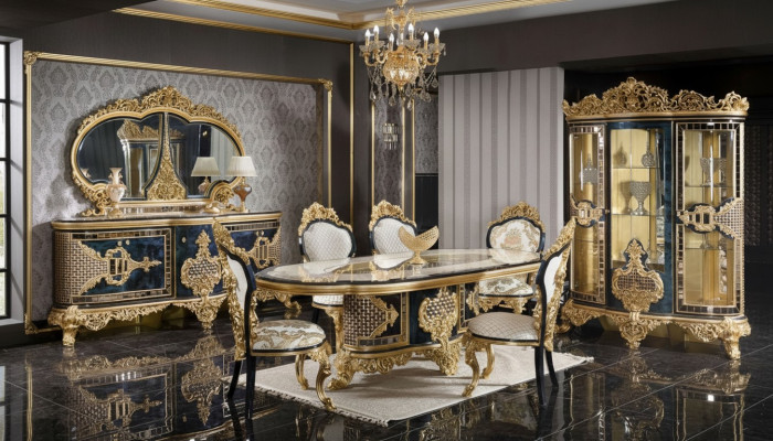 Stilvoller Schwarz-Goldener Esszimmer Set Luxus Garnitur Kommode Esstisch