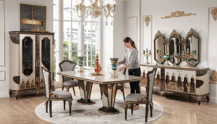 Klassische Weiß-Goldene Esszimmer Garnitur Esstisch 6x Stühle Kommode