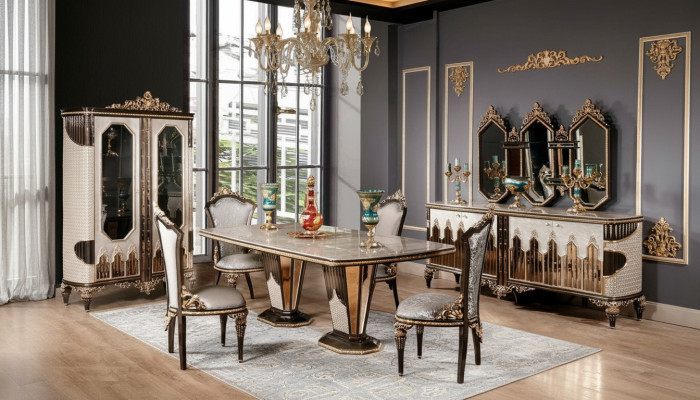 Klassische Weiß-Goldene Esszimmer Garnitur Esstisch 6x Stühle Kommode