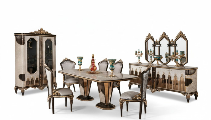 Klassische Weiß-Goldene Esszimmer Garnitur Esstisch 6x Stühle Kommode