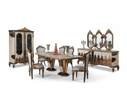 Klassische Weiß-Goldene Esszimmer Garnitur Esstisch 6x Stühle Kommode