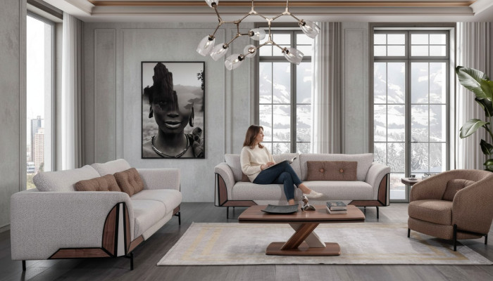 Braun-Graue Sofagarnitur 3+3+1 Couchtisch Komplettes Wohnzimmer Set