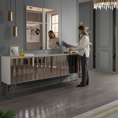 Luxus Sideboard mit Spiegel stilvoll Beige Kommode Modern Möbel Design Set Neu