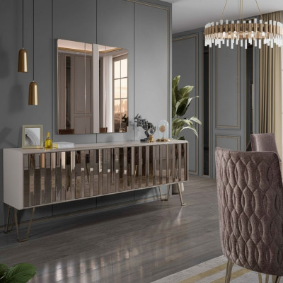 Luxus Sideboard mit Spiegel stilvoll Beige Kommode Modern Möbel Design Set Neu