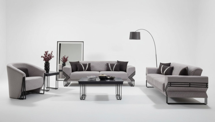 Hellgraue Sofagarnitur Moderne x2 Polstersofas Designer Sessel Tische