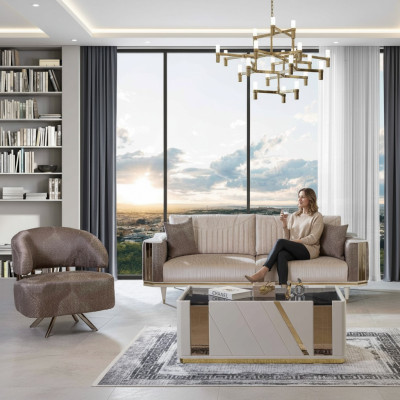Moderne Wohnzimmer Garnitur Designer Beiger Dreisitzer Sessel Couchtisch