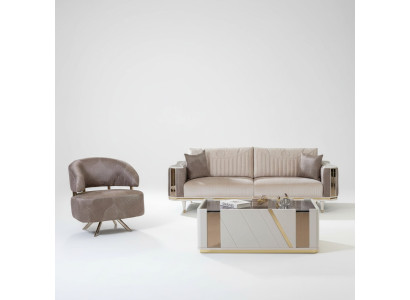 Moderne Wohnzimmer Garnitur Designer Beiger Dreisitzer Sessel Couchtisch
