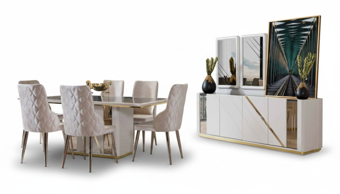 Beige Edelstahl Esszimmer Garnitur Designer Esstisch x6 Stühle Kommode