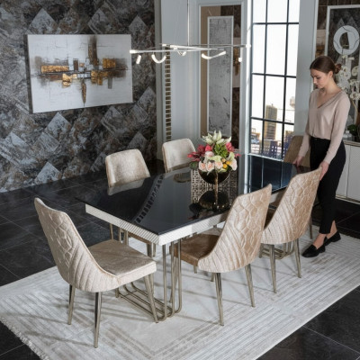 Schwarz-Weißer Esszimmer Glastisch Designer Textilstühle Esszimmermöbel
