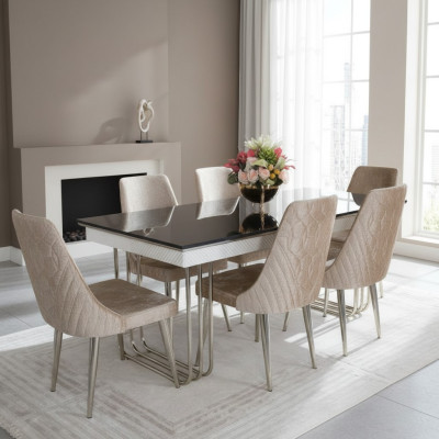 Schwarz-Weißer Esszimmer Glastisch Designer Textilstühle Esszimmermöbel