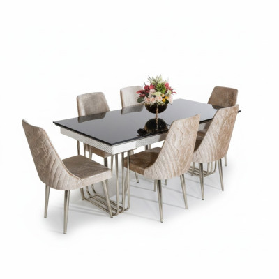 Schwarz-Weißer Esszimmer Glastisch Designer Textilstühle Esszimmermöbel