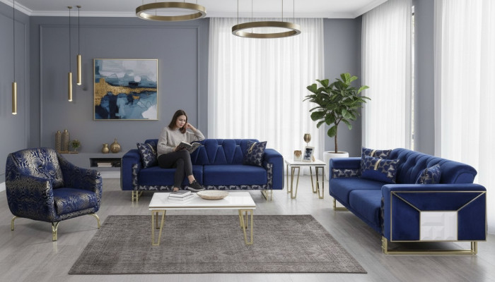 Luxus Blaue Sofagarnitur Designer Dreisitzer Couchtisch Beistelltisch